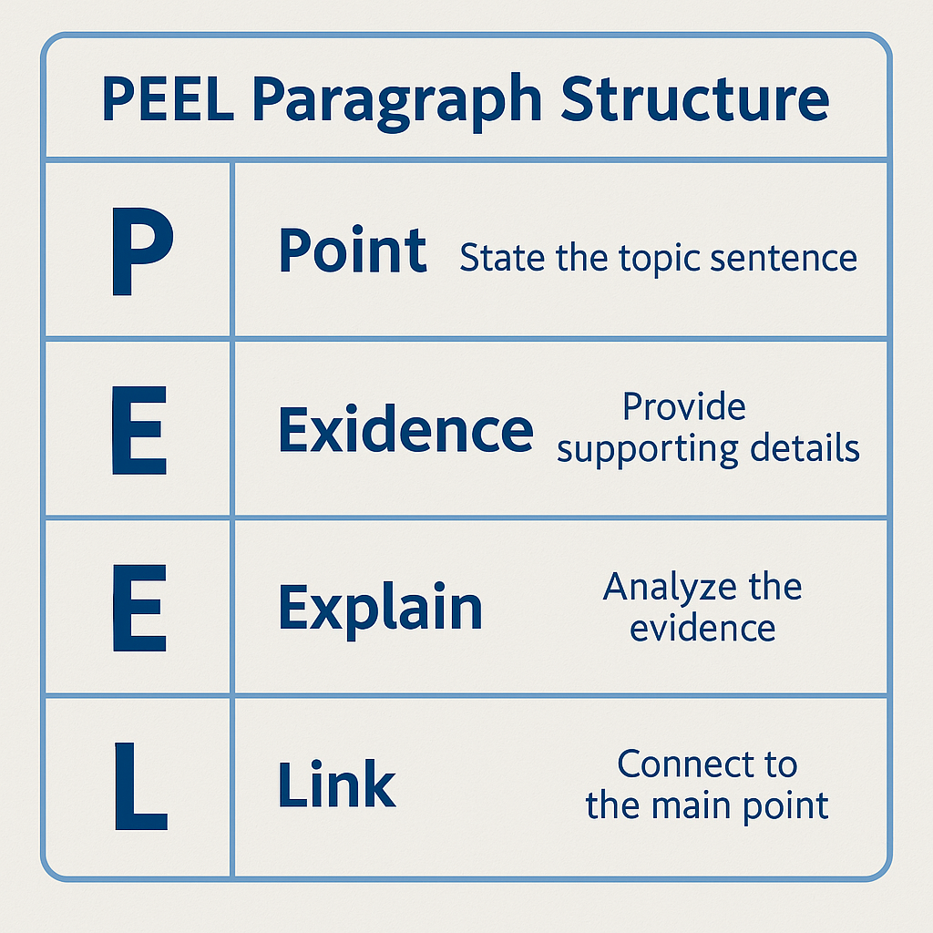 英国Essay PEEL段落结构示意图:Point、Evidence、Explain、Link四步构成,每段一个论点,逐层展开论证。 英国Essay PEEL段落结构示意图:Point、Evidence、Explain、Link四步构成,每段一个论点,逐层展开论证。