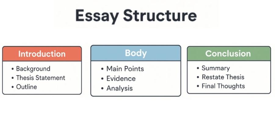 英国Essay结构示意图：Introduction、Body、Conclusion三部分组成，展示每段关键要素（背景、论点、证据、总结）。.jpg